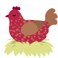 A crimson and brown chicken with a speckle pattern