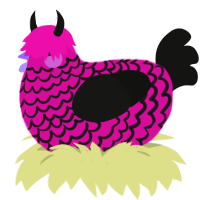 マラスキーノ, a fuchsia and black chicken with a lace pattern