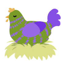 A chartreuse and blurple chicken with a bar pattern