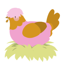 pink sauce, a pink and ochre chicken with a head pattern
