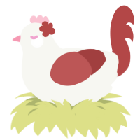 Demure, a white and red chicken