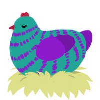 Dill Pickle Jr, a turquoise and violet chicken with a bar pattern