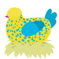 Banana Splitz, a yellow and cerulean chicken with a speckle pattern
