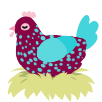 A maroon and aqua chicken with a speckle pattern