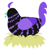 A black and blurple chicken with a bar pattern