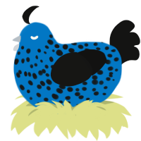 A sapphire and black chicken with a speckle pattern