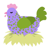 A lilac and chartreuse chicken with a speckle pattern