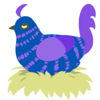 Nana, a ultramarine and blurple chicken with a bar pattern