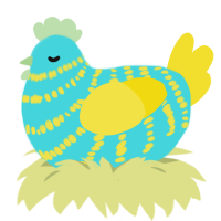 A aqua and yellow chicken with a bar pattern