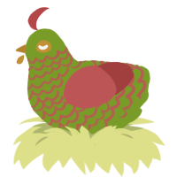 A chartreuse and red chicken with a lace pattern