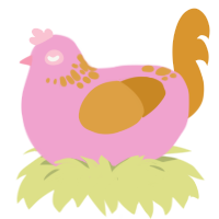 A pink and orange chicken with a neck-speckle pattern