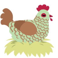 Old man, a gluppy and brown chicken with a lace pattern