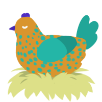 A orange and turquoise chicken with a speckle pattern
