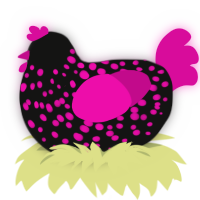 A black and fuchsia chicken with a speckle pattern