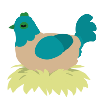 A beige and teal chicken with a head pattern
