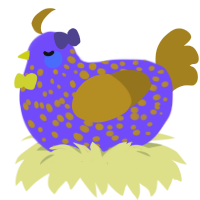 Violet, a blurple and ochre chicken with a speckle pattern