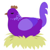 A violet and blurple chicken with a neck-speckle pattern