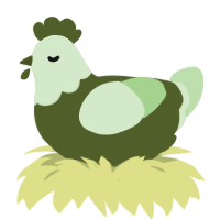 tree with lichen, a olive and gluppy chicken with a head pattern