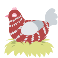 Conversation Hearts, a red and mist chicken with a bar pattern