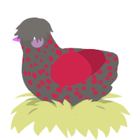 A grey and crimson chicken with a speckle pattern