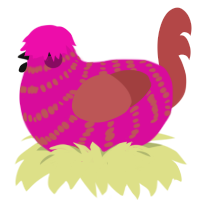 Hexon Bogon, a fuchsia and red chicken with a bar pattern