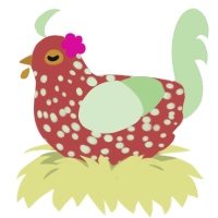 A red and gluppy chicken with a speckle pattern