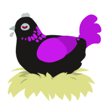 Gundham, a sable and amethyst chicken with a neck-speckle pattern