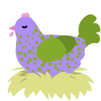A lilac and chartreuse chicken with a speckle pattern