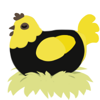 A black and yellow chicken with a head pattern