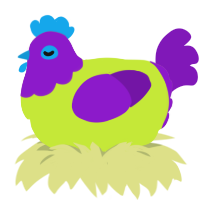 A lime and violet chicken with a head pattern