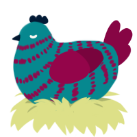 A teal and maroon chicken with a bar pattern