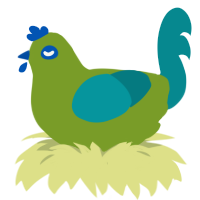Nook, a chartreuse and teal chicken
