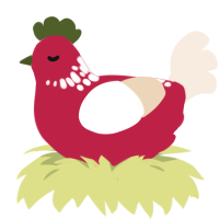 decorative apple, a crimson and cream chicken with a neck-speckle pattern