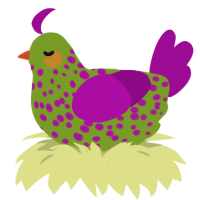 A chartreuse and plum chicken with a speckle pattern