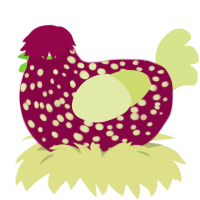 A maroon and lemon chicken with a speckle pattern