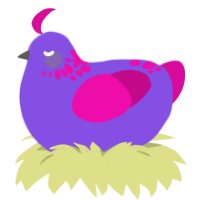 A blurple and fuchsia chicken with a neck-speckle pattern