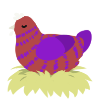 A red and violet chicken with a bar pattern