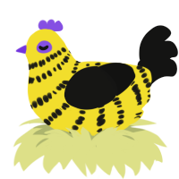 A yellow and black chicken with a bar pattern