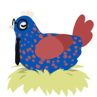 Detective Blueberry, a ultramarine and red chicken with a speckle pattern