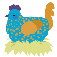 Feather, a cerulean and orange chicken with a speckle pattern