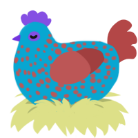 A cerulean and red chicken with a speckle pattern