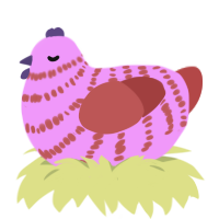 SCRIMP, a lavender and red chicken with a bar pattern