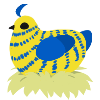 A yellow and ultramarine chicken with a bar pattern
