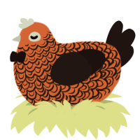 A vermilion and sable chicken with a double-lace pattern