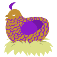 Teapot, a gold and violet chicken with a lace pattern