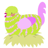 (unnamed), a lime and lavender chicken with a bar pattern