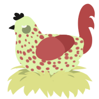 A apple and red chicken with a speckle pattern