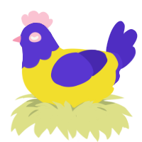 A yellow and indigo chicken with a head pattern