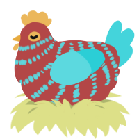 Fruit Punch, a red and aqua chicken with a bar pattern
