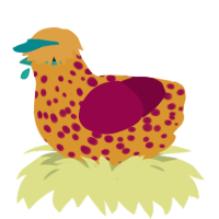 A orange and maroon chicken with a speckle pattern
